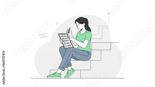Young woman checking off items on a clipboard while sitting on steps, illustration