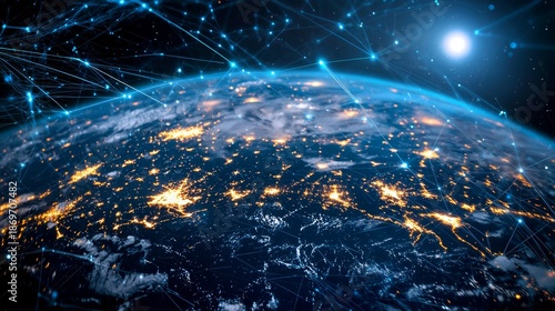A global digital network encompassing planet Earth, with bright blue streams of light symbolizing connections and information exchange	
