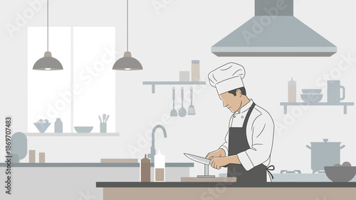 Professional male chef in a modern kitchen diligently sharpening a knife, demonstrating expertise and precision in culinary preparation for an exceptional dining experience