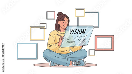Young woman creating vision board on digital tablet, surrounded by empty frames, concept of planning and future goals