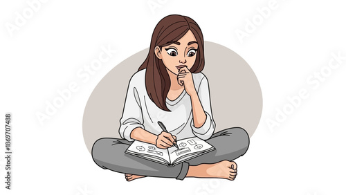 Young woman drawing in sketchbook, creative thinking, learning and planning