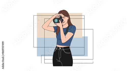 Young Woman Photographer Capturing Image with DSLR Camera, Modern Minimalist Illustration