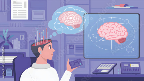 Man with syringes in head looking at brain on screen thought bubble medical equipment