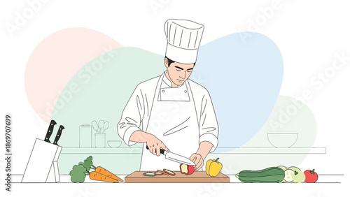 A Chef in a White Uniform Skillfully Chopping Red Apples and Fresh Vegetables on a Wooden Cutting Board