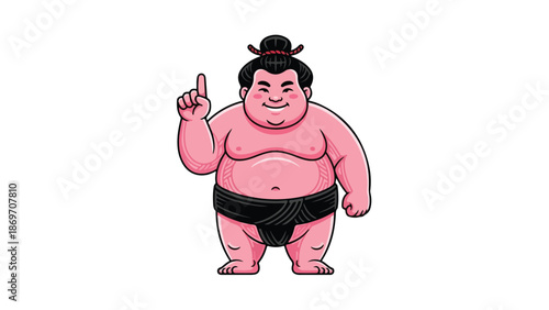 Cartoon illustration of a sumo wrestler pointing upwards with one finger.