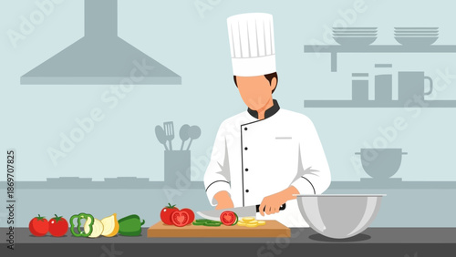 A chef in a professional kitchen preparing fresh vegetables for a meal on a cutting board