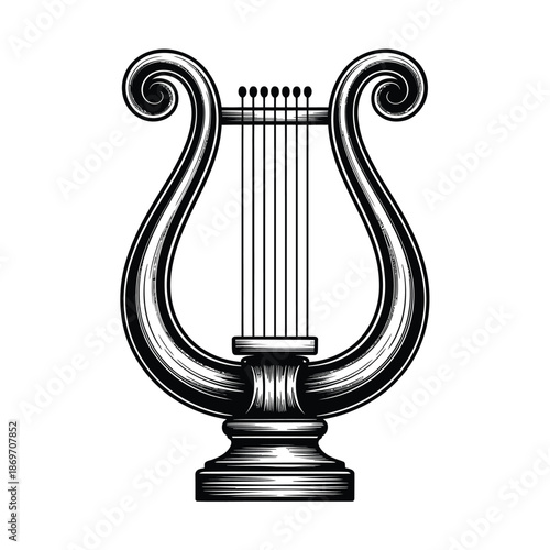 An elegant black and white illustration of a classic ancient lyre