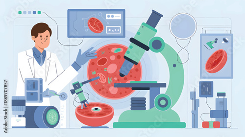 Scientist Examining Cell Sample Under Microscope with Various Laboratory Equipment lab equipment