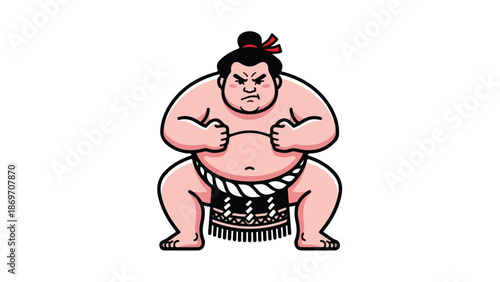 Cartoon illustration of a sumo wrestler in a ready stance focused.