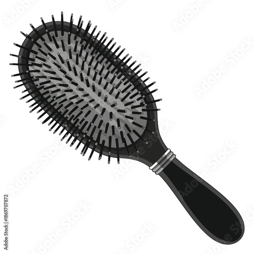A black hairbrush with silver pins isolated on a white background