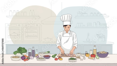 A skilled chef in a professional kitchen meticulously prepares fresh ingredients for a culinary masterpiece
