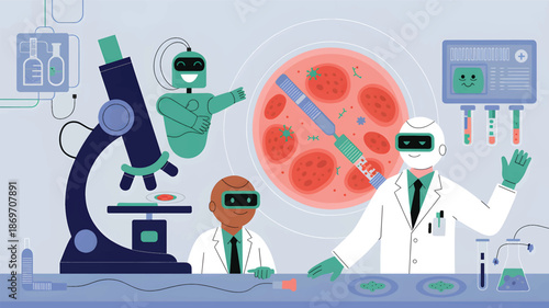Laboratory scene with scientists and a robot working on virus research