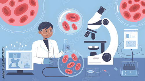 Scientist examining cells under microscope in laboratory petri dish desi