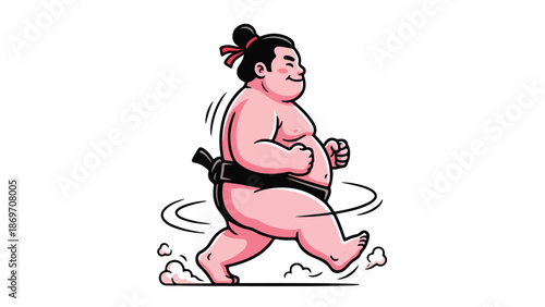 Cartoon illustration of a sumo wrestler walking with determination and focus.