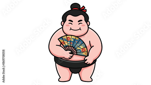 Cartoon sumo wrestler holding a fan smiling happily in the image.