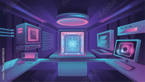Futuristic computer lab with purple-blue neon lights and a tunnel