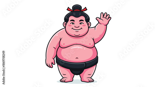 Cartoon Sumo Wrestler Waving Hand Smiling and Looking Forward.