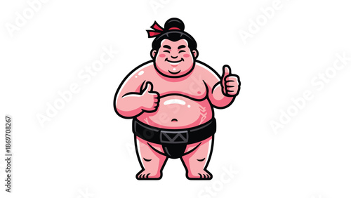 Cartoon sumo wrestler with thumbs up gesture smiling and happy.