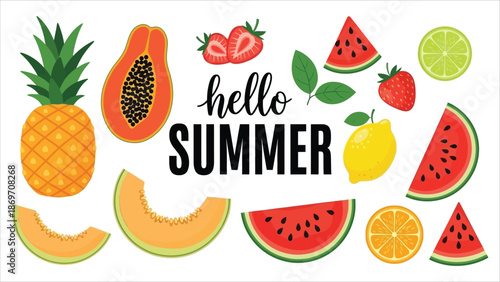Hello Summer Fruit Set – Watermelon, Melon, Papaya, Pineapple, Lemon, Strawberry & Lime Vector Illustration 