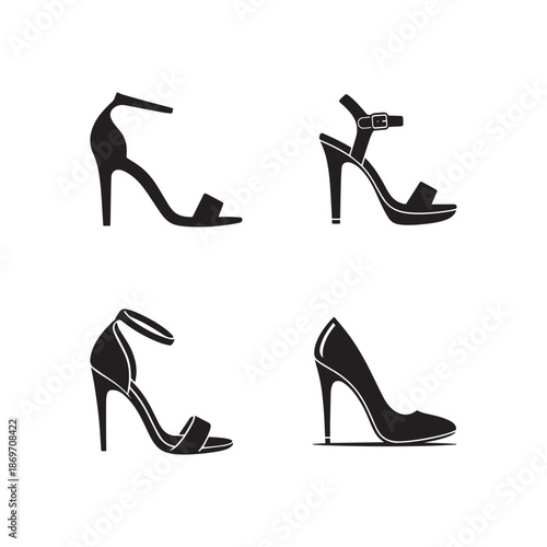 Four black silhouette images of high heeled shoes displayed in a grid arrangement