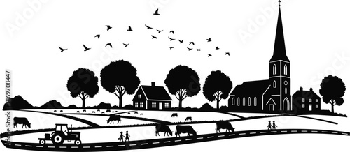 countryside, village, rural, landscape, farmland, pastoral, church, nature, silhouette, farming, harmony, tradition, fields, horizon, heritage, serenity, peace, outdoors, community, timeless