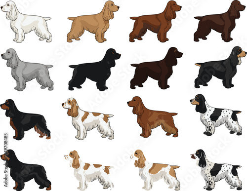 Cute cartoon spaniel puppy dog vector illustration set featuring various colors and markings isolated on a white background.