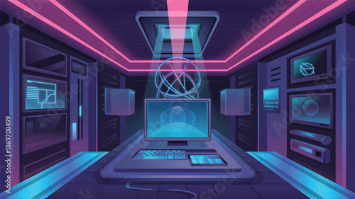Futuristic computer lab with neon lights and screens purple