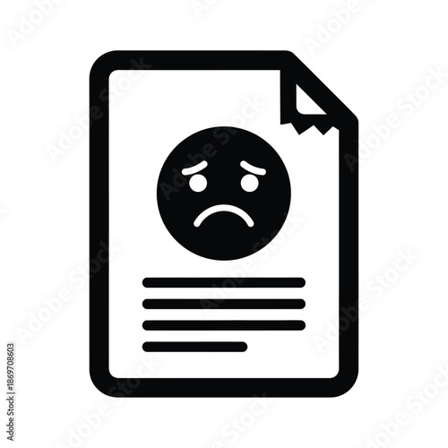 Vector illustration icon a black and white icon of a document with an unhappy face on it, isolated on white background