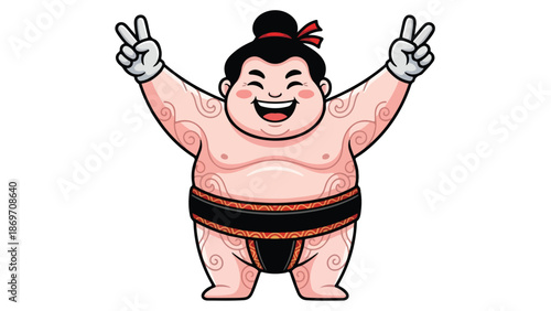 Cheerful Sumo Wrestler Posing with Victory Gesture.