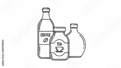 Three bottles with labels for coffee and tea drinks.