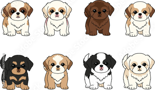 Vector illustration set of cute cartoon Shih Tzu puppy dog characters in various colors isolated on white background