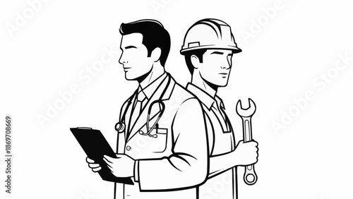 Doctor and construction worker standing back to back illustration.