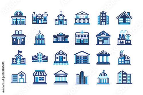 Collection of various building icons isolated on transparent background, Vector, illustration