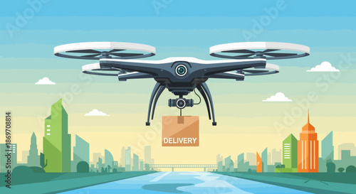 Drone delivery service flying over cityscape with package in modern urban landscape vector illustration with technology and transportation and logistics