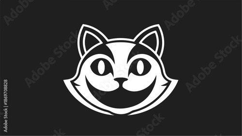 Cheshire Cat Smiling Face Black and White Illustration.