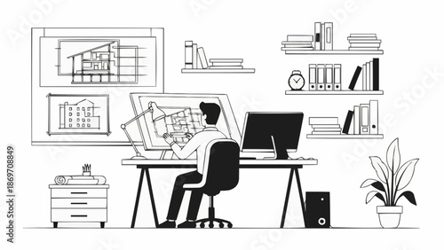 Architect working on blueprints at a desk with computer and plant.