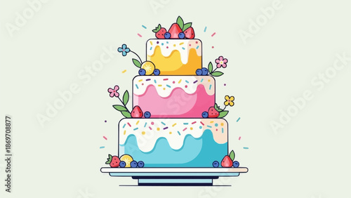 Delicious Three Tiered Celebration Cake with Fresh Berries and Flowers.