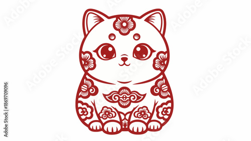 Vector Illustration of Cute Cat with Floral Pattern in Modern Decorative Style in Red Color