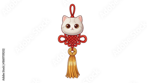 Cute Cat Charm Vector Illustration with Traditional Knot and Tassel in Modern Kawaii Style