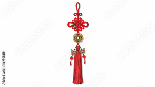 Traditional Chinese Knot Pendant Vector Illustration with Red Tassel and Gold Coin in Modern Decorative Style