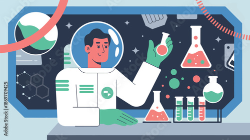 Astronaut in spacesuit holding test tube with pink liquid surrounded by laboratory equipment science