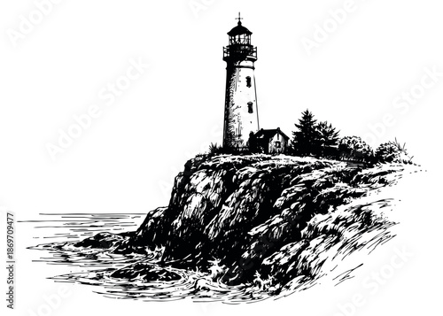 Hand drawn line art illustration of a lighthouse on a rocky cliff depicting a scenic coastal landscape for maritime navigation