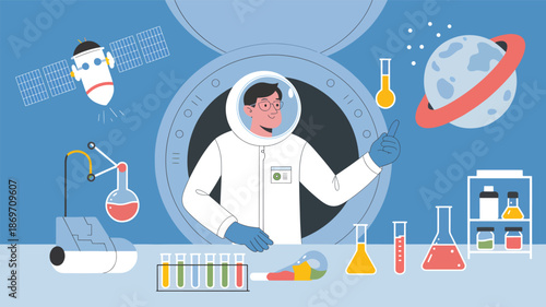 Astronaut in white spacesuit standing in front of space station control panel with laboratory