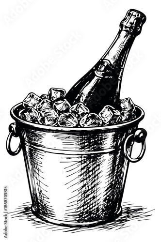 Hand drawn line art illustration of a champagne bottle in an ice bucket depicting chilling for celebrations