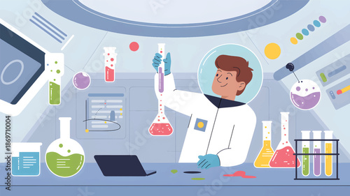 Scientist in a lab coat examining pink liquid in a beaker surrounded by colorful chemical test tubes