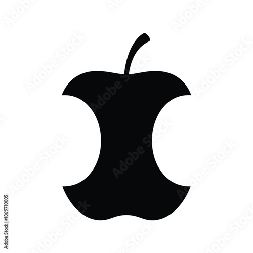 Simple black and white illustration of an apple core with a stem