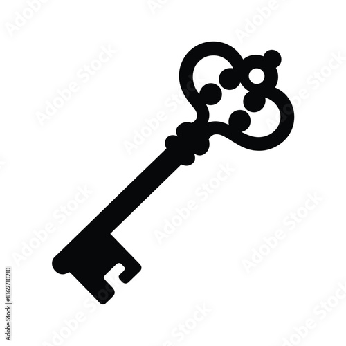 A simple black and white illustration of an ornate vintage key