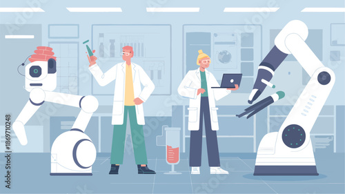 Scientists working with robots in a laboratory setting with lab coats and equipment