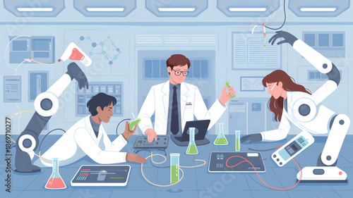 Scientists working in laboratory with robotic arms and equipment beakers