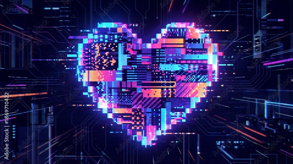 Obraz premium Vibrant pixel heart glows in futuristic digital circuit board background
